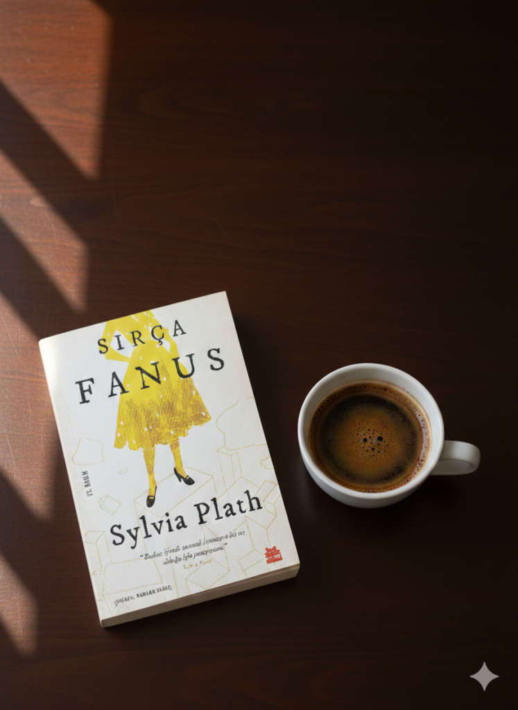 Sırça Fanus kitabı ve bir fincan kahve ile edebi okuma masası